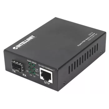 Intellinet Gigabit PoE+ meediakonverter, 1 × 1000Base-T RJ45 port kuni 1 × SFP port, PoE+ injektor