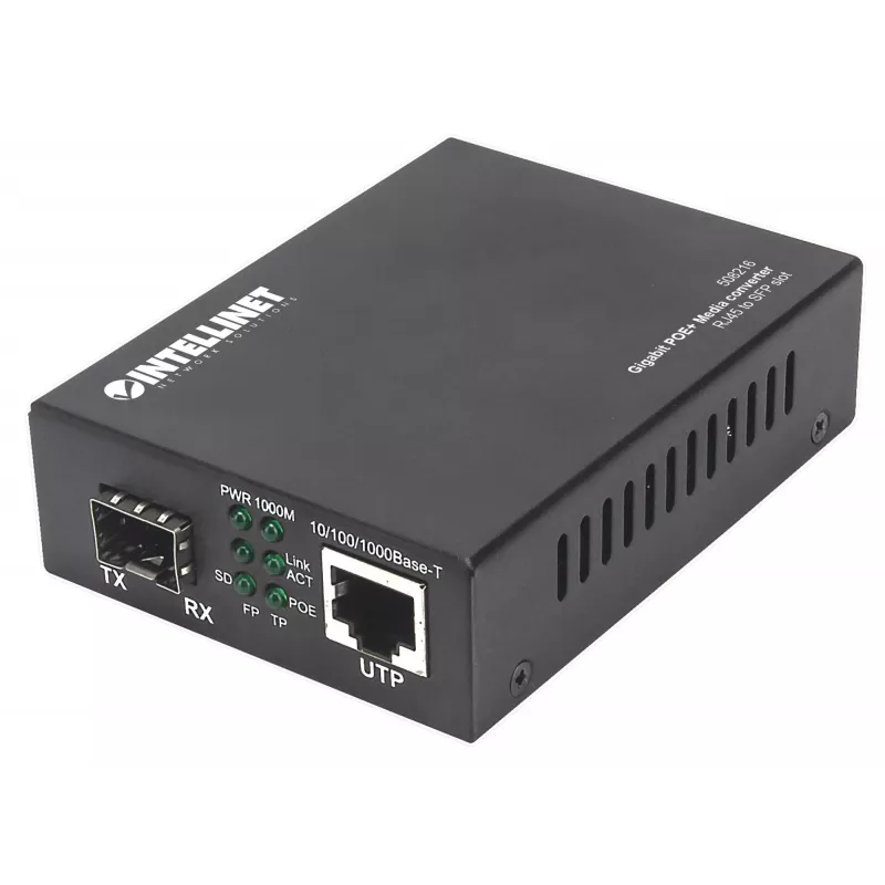 Intellinet Gigabit PoE+ meediakonverter, 1 × 1000Base-T RJ45 port kuni 1 × SFP port, PoE+ injektor