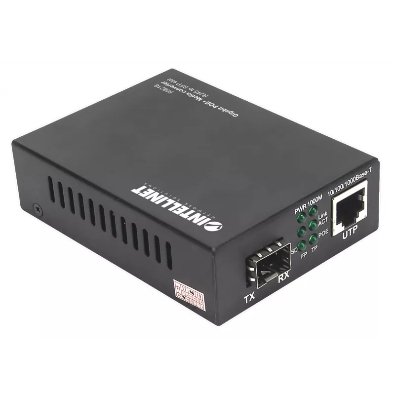 Intellinet Gigabit PoE+ meediakonverter, 1 × 1000Base-T RJ45 port kuni 1 × SFP port, PoE+ injektor