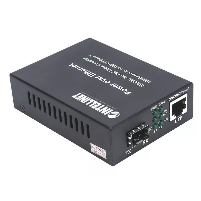 Intellinet Gigabit PoE+ meediakonverter, 1 × 1000Base-T RJ45 port kuni 1 × SFP port, PoE+ injektor