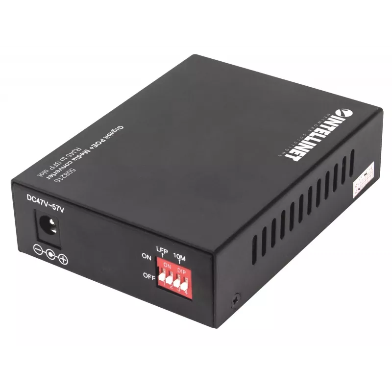 Intellinet Gigabit PoE+ meediakonverter, 1 × 1000Base-T RJ45 port kuni 1 × SFP port, PoE+ injektor