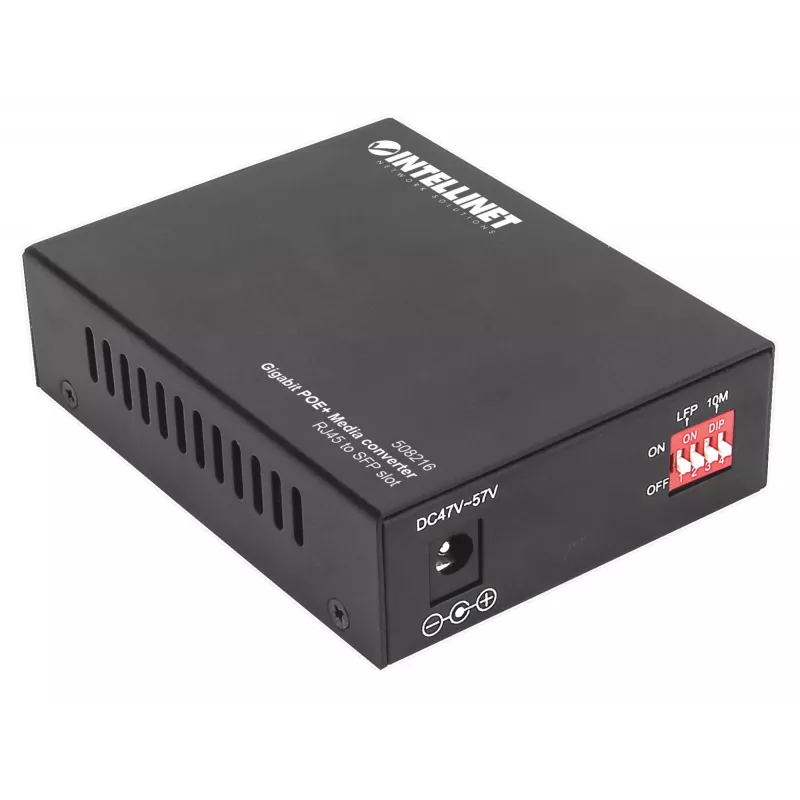 Intellinet Gigabit PoE+ meediakonverter, 1 × 1000Base-T RJ45 port kuni 1 × SFP port, PoE+ injektor