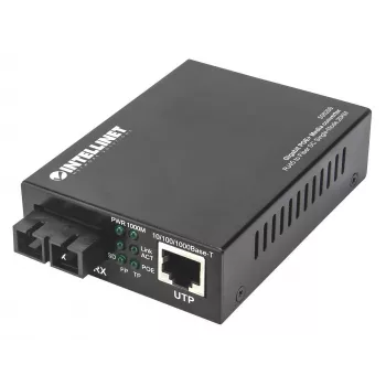 Intellinet Gigabit PoE+ meediakonverter, 1000Base-T RJ45 port 1000Base-LX (SC) ühemoodilisele, 20 km (12,4 mi), PoE+ süstija