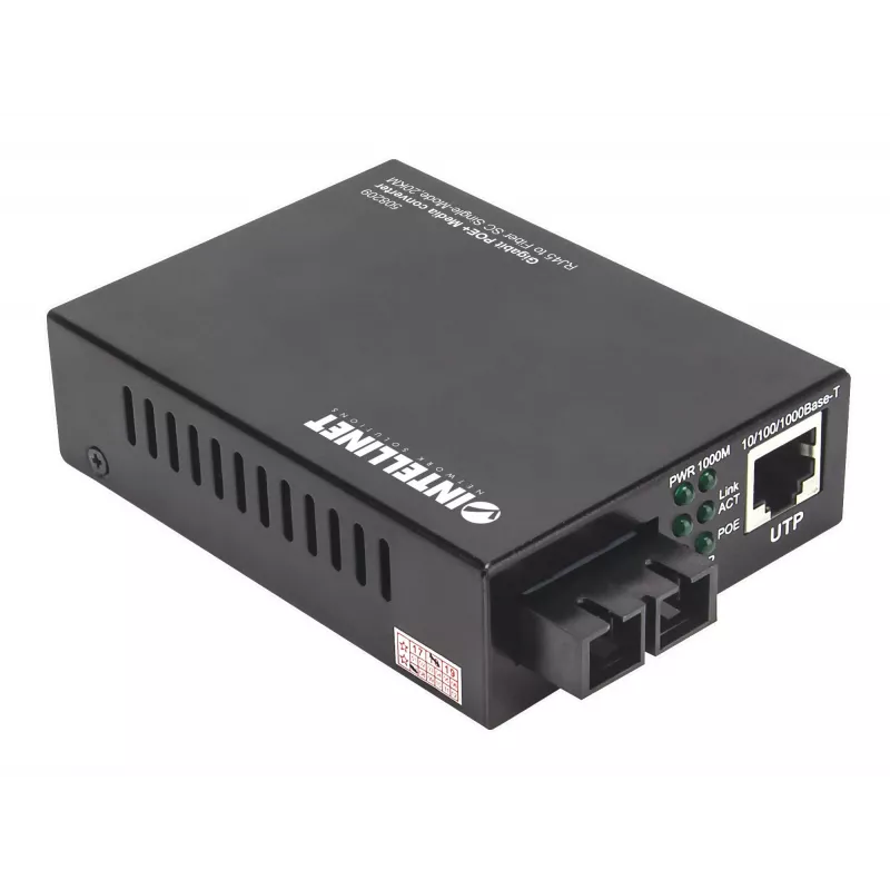 Intellinet Gigabit PoE+ meediakonverter, 1000Base-T RJ45 port 1000Base-LX (SC) ühemoodilisele, 20 km (12,4 mi), PoE+ süstija