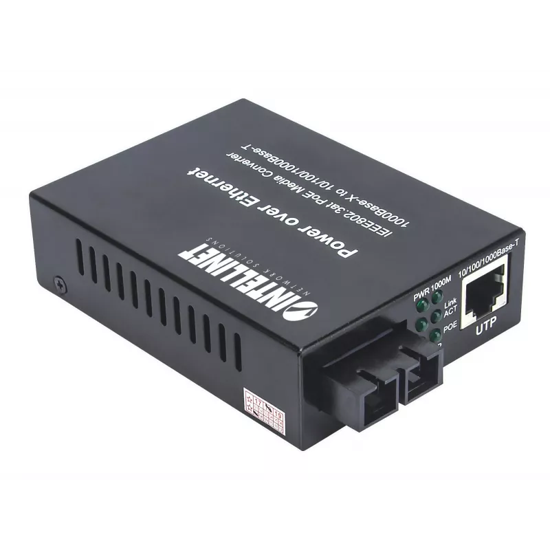 Intellinet Gigabit PoE+ meediakonverter, 1000Base-T RJ45 port 1000Base-LX (SC) ühemoodilisele, 20 km (12,4 mi), PoE+ süstija
