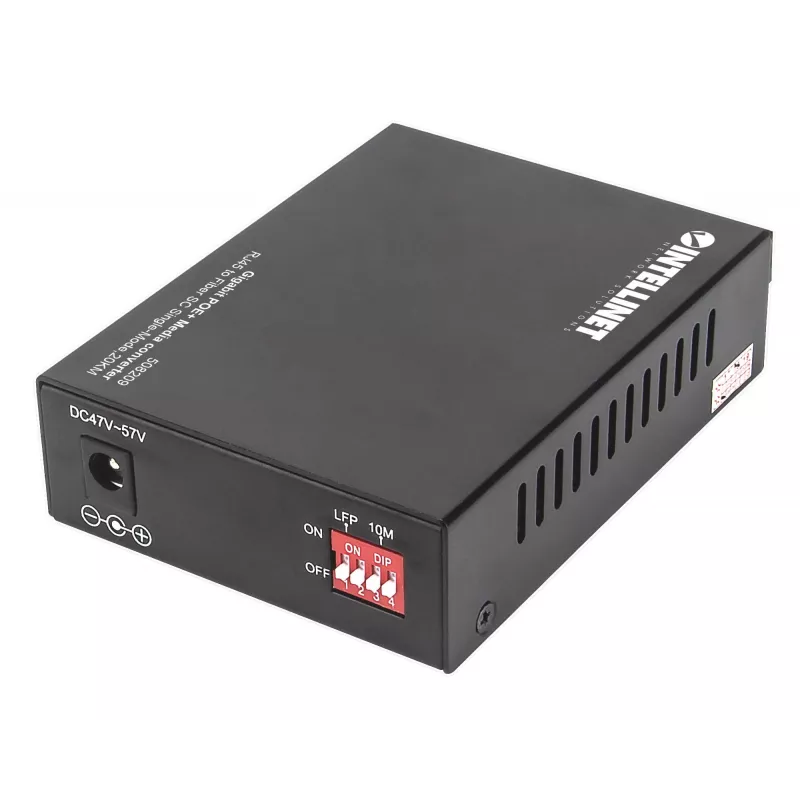 Intellinet Gigabit PoE+ meediakonverter, 1000Base-T RJ45 port 1000Base-LX (SC) ühemoodilisele, 20 km (12,4 mi), PoE+ süstija