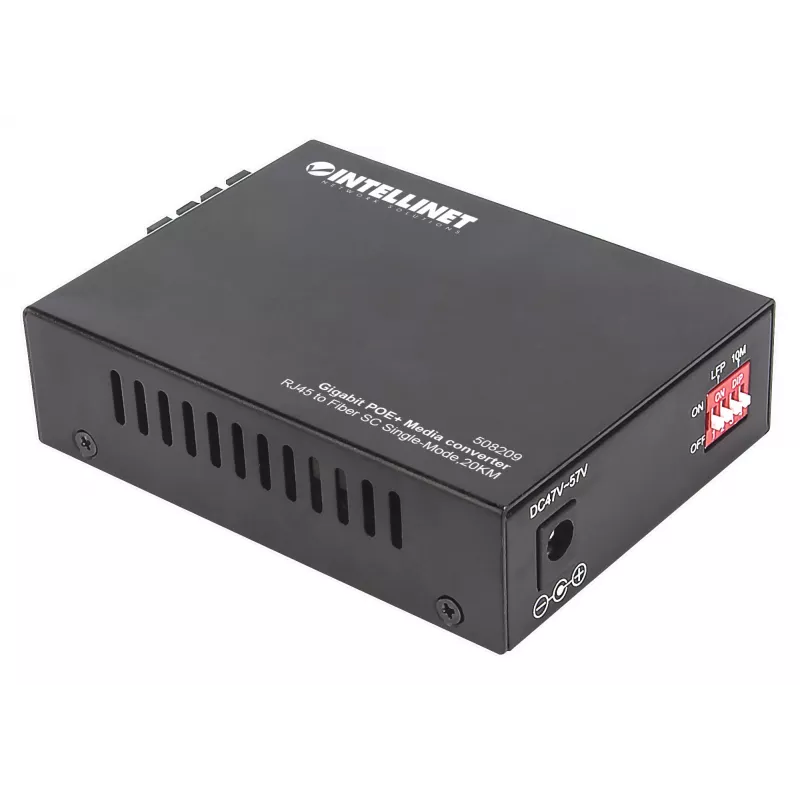 Intellinet Gigabit PoE+ meediakonverter, 1000Base-T RJ45 port 1000Base-LX (SC) ühemoodilisele, 20 km (12,4 mi), PoE+ süstija