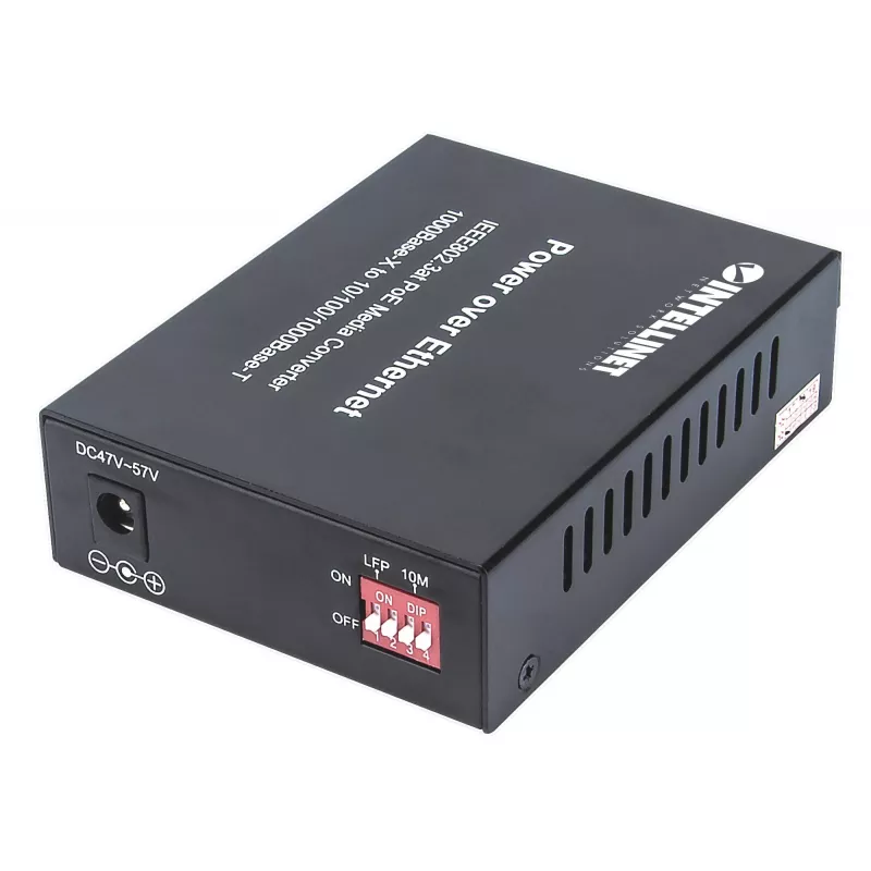 Intellinet Gigabit PoE+ meediakonverter, 1000Base-T RJ45 port 1000Base-LX (SC) ühemoodilisele, 20 km (12,4 mi), PoE+ süstija