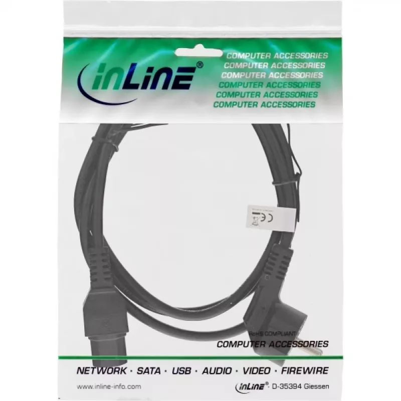 InLine toitekaabel, CEE7/7 nurkne C15 sirgele, 3 x 1mm², must, 5m