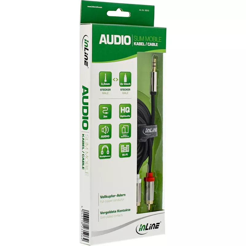 InLine õhuke Audio kaabel 3.5mm isane / 2x RCA isane 10m