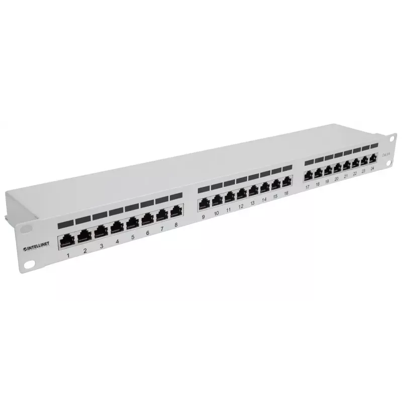 Intellinet harukarp, Cat6a, FTP, 24 pordiga, 1U, varjestatud, 90° ülalt sisenevad pressliitmikud, hall