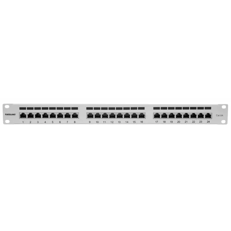 Intellinet harukarp, Cat6a, FTP, 24 pordiga, 1U, varjestatud, 90° ülalt sisenevad pressliitmikud, hall