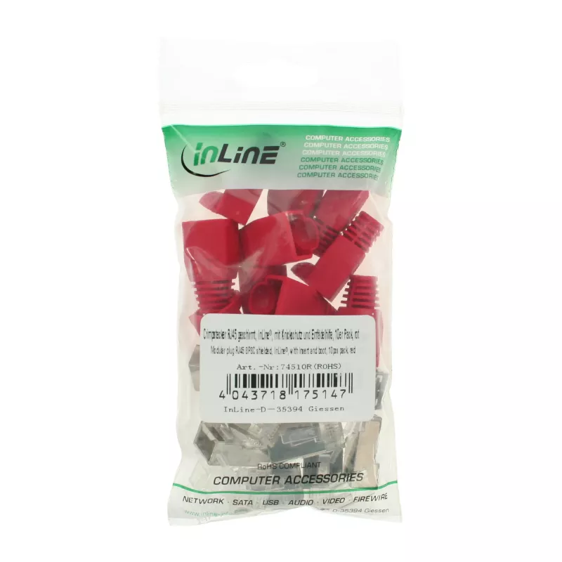 InLine Crimp Connector RJ45 8P8C varjestatud, keermestaja ja paindekaitsega, punane