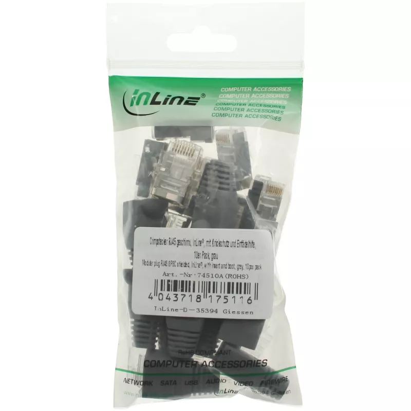 InLine Crimp Connector RJ45 8P8C varjestatud keermestaja ja paindekaitsega hall