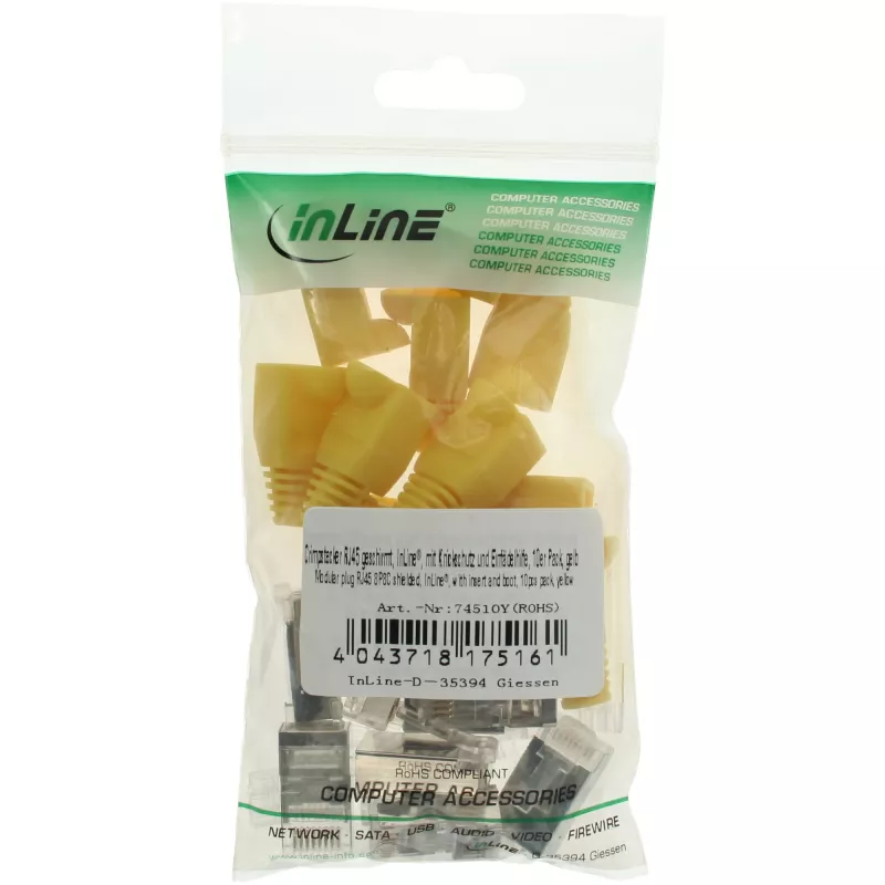 InLine Crimp Connector RJ45 8P8C varjestatud, keermestaja ja paindekaitsega, kollane