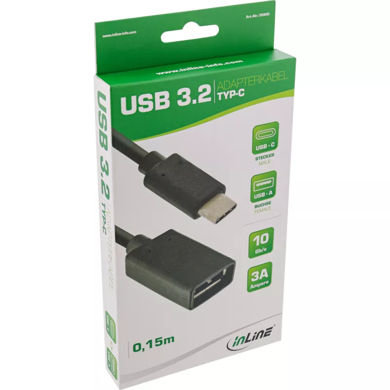 InLine USB 3.2 Gen.1x2 adapterkaabel, USB-C isane / A-pesa, must, 0,15 m