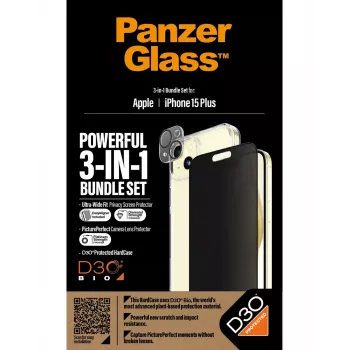PanzerGlass 3-in-1 komplekt iPhone 15 Plus löögikindel karastatud klaas
