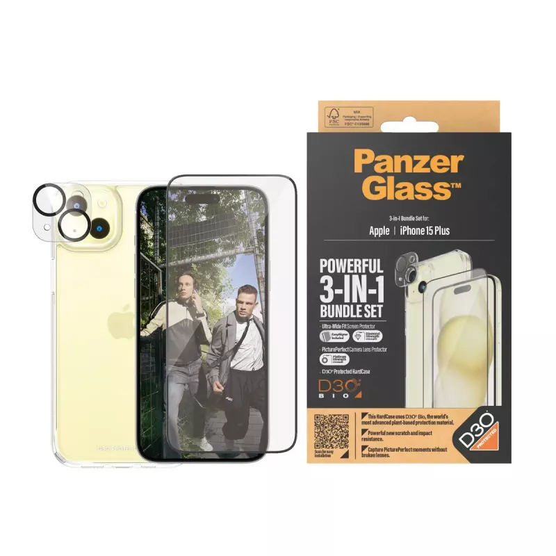 PanzerGlass 3-in-1 komplekt iPhone 15 Plus löögikindel karastatud klaas