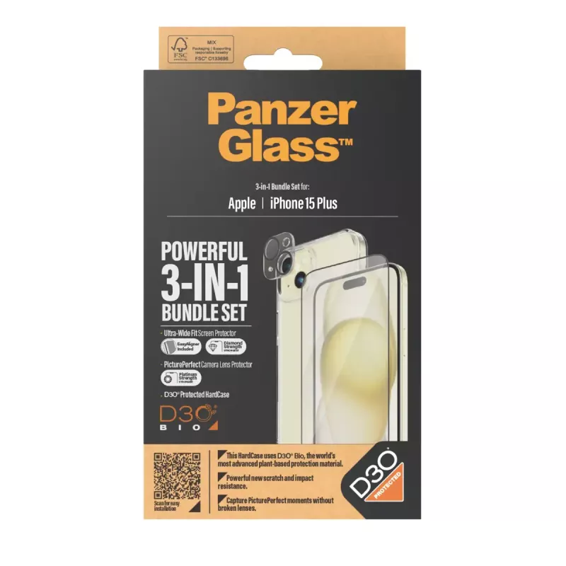 PanzerGlass 3-in-1 komplekt iPhone 15 Plus löögikindel karastatud klaas