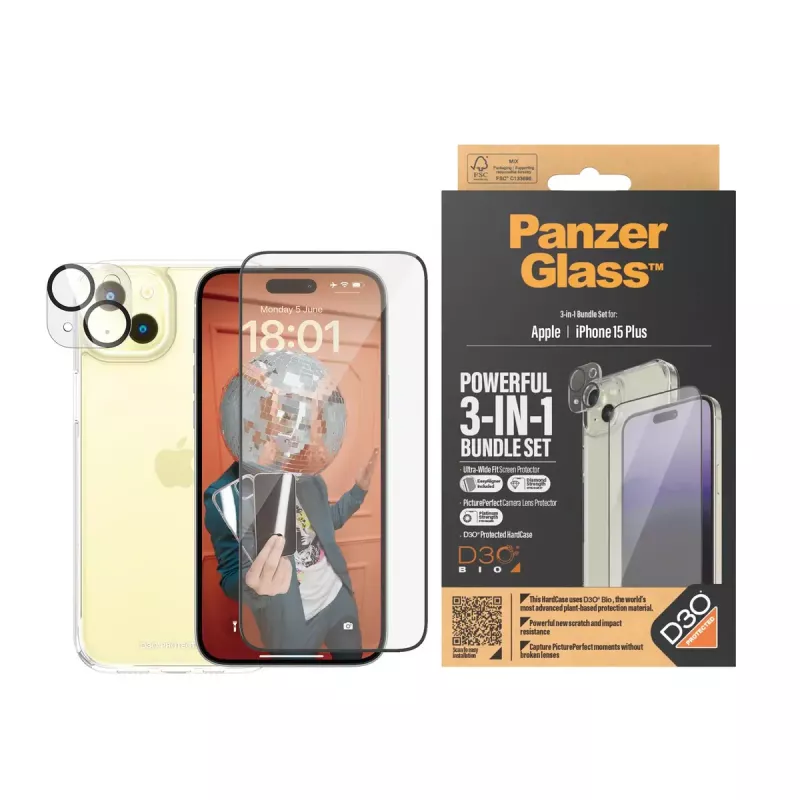 PanzerGlass 3-in-1 komplekt iPhone 15 Plus löögikindel karastatud klaas