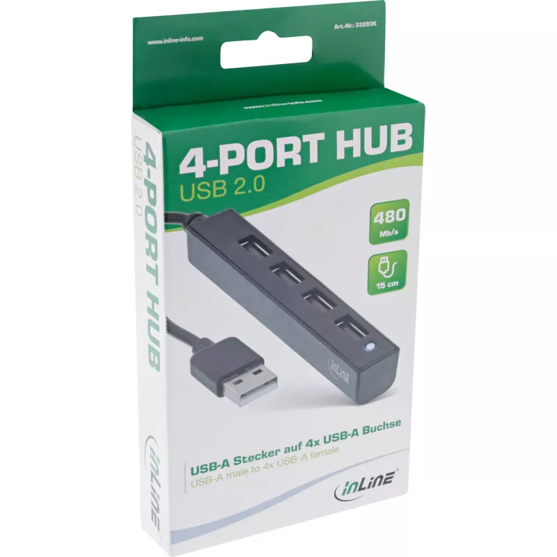 InLine USB 2.0 4-pordiline jaotur, USB-A-pistik 4x USB-A emasele, kaabel 15 cm