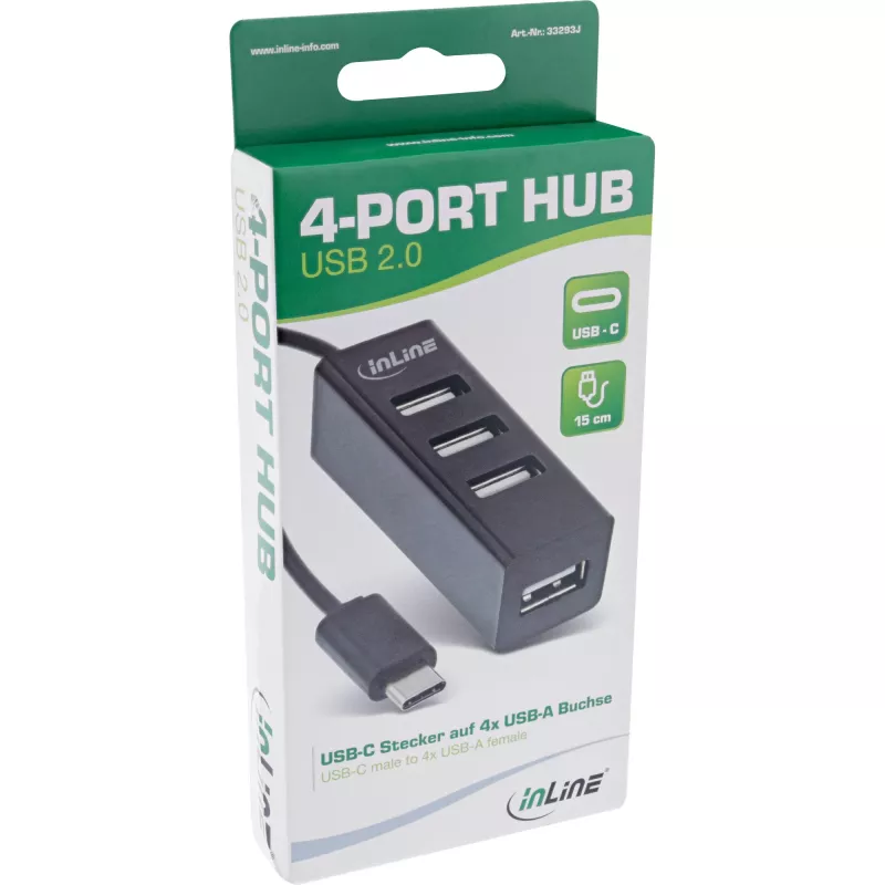 InLine USB 2.0 4-pordiline jaotur, USB-C isane kuni 4x USB-A-pesa, kaabel 15 cm