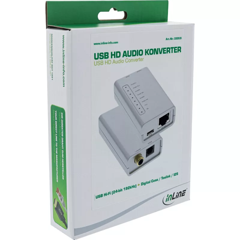 USB HD heliadapter InLine 33053I 24-bitine 192 kHz digitaalne koaksiaal-/Toslink/I2S-muundur