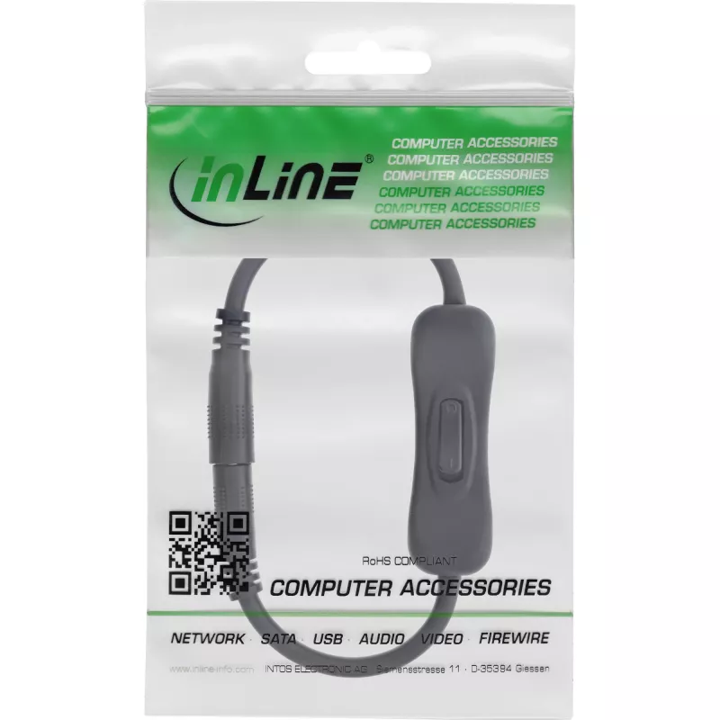 InLine alalisvoolukaabel lülitiga, DC isane/emane 5,5x2,5mm, AWG 18, must, 0,20 m