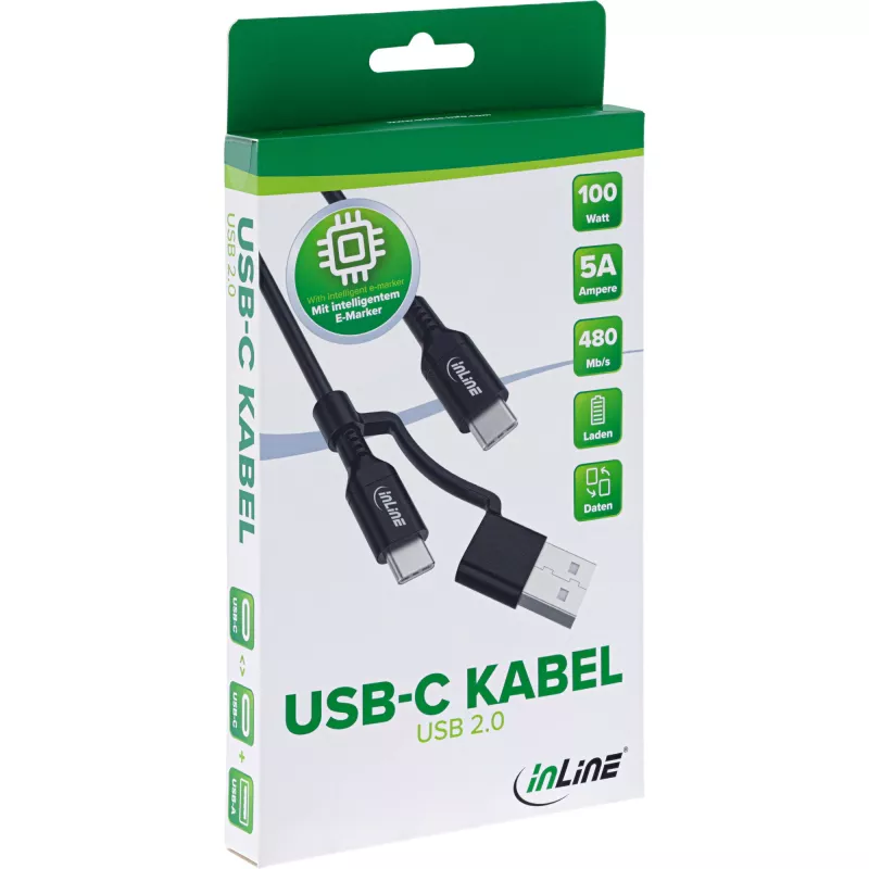 InLine 2-in-1 USB-C kaabel + USB-A adapter, USB 2.0, 100 W, TPE, must, 1 m