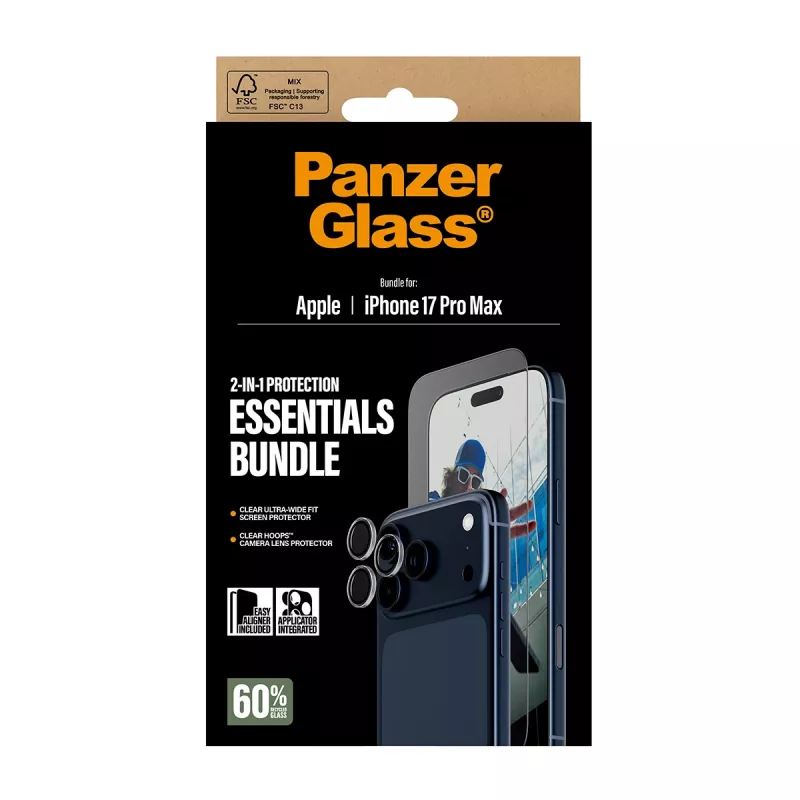 PanzerGlass 2-in-1 Essentials Bundle iPhone 17 Pro Max kriimustus- ja põrutuskindel