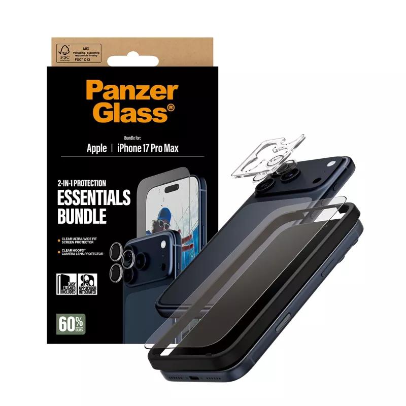 PanzerGlass 2-in-1 Essentials Bundle iPhone 17 Pro Max kriimustus- ja põrutuskindel