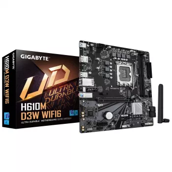 GIGABYTE H610M D3W WIFI6 emaplaat – toetab 14. põlvkonna Inteli Core protsessoreid, 5+1+1 faasi VRM, kuni 5600 MHz DDR4, 1xPCIe 3.0 M.2, Wi-Fi 6, 1GbE LAN, USB 3.2 Gen 1