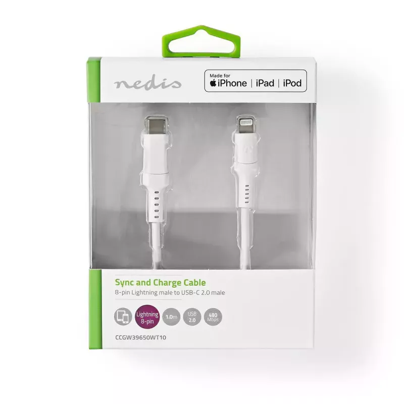 Lightning-kaabel Nedis CCGW39650WT10 1m Valge USB C