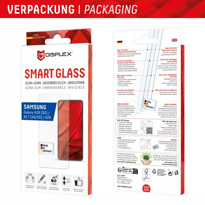 Displex Smart Glass (9H) Samsung Galaxy A26/A16 (5G)/A17 (4G/5G) jaoks, paigalduskleebis, purunematu