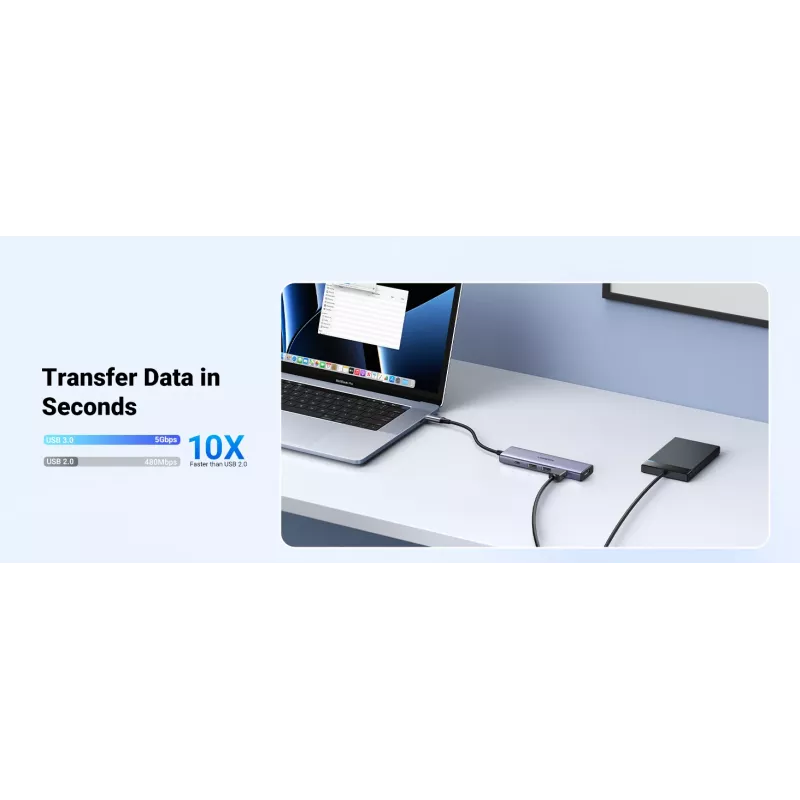 USB USB-C jaotur UGREEN 20956A koos HDMI ja USB 3.0-ga, 5 Gbps, 4K 3840x2160, hõbedane