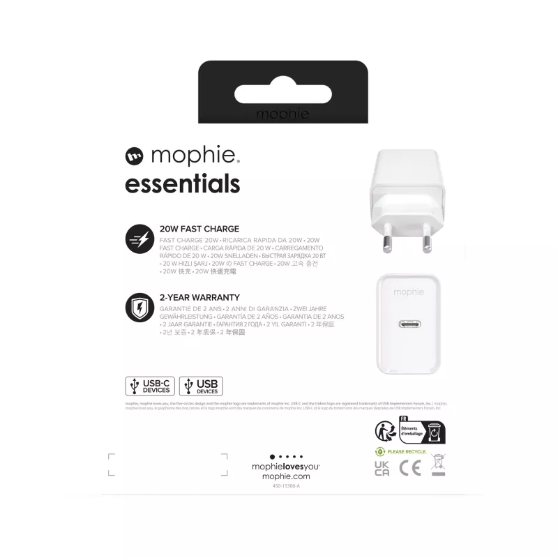 mophie essentials 20W USB-C PD seinadapter Universal Valge AC Kiirlaadimine Toasiseselt
