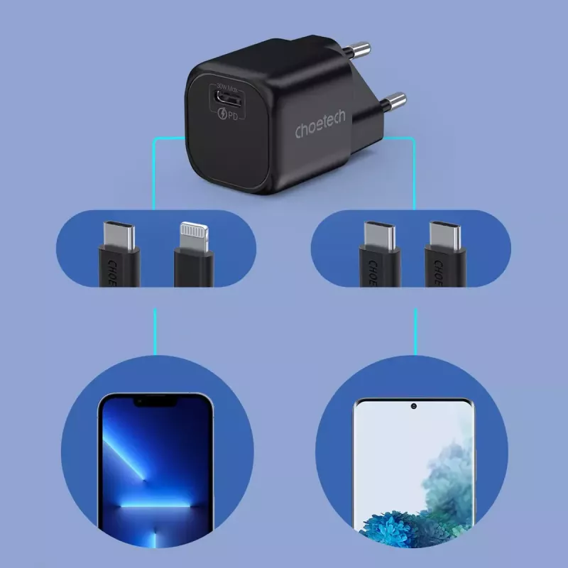 Laadija CHOETECH PD5007 30W USB-C Power Delivery kiirlaadimine telefonidele ja tahvelarvutitele