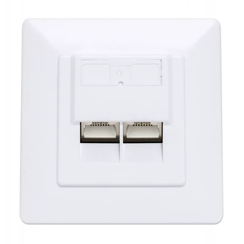 Intellinet 2-pordiline Cat6 10G varjestatud RJ45 seinapistikupesa, süvistatav paigaldus koos esipaneeliga, STP, signaalvalge RAL9003