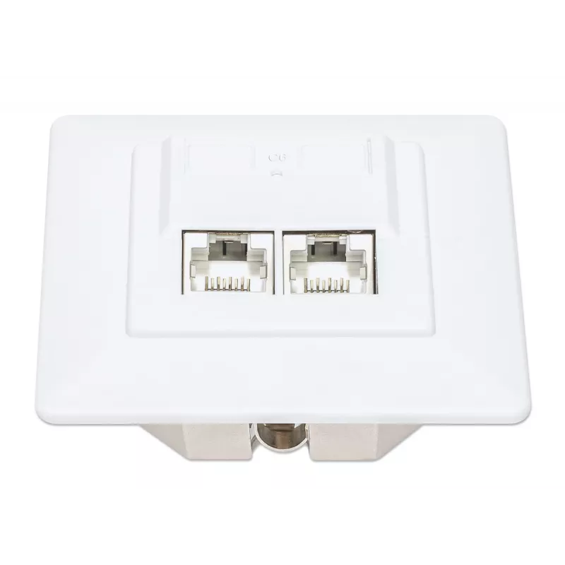 Intellinet 2-pordiline Cat6 10G varjestatud RJ45 seinapistikupesa, süvistatav paigaldus koos esipaneeliga, STP, signaalvalge RAL9003
