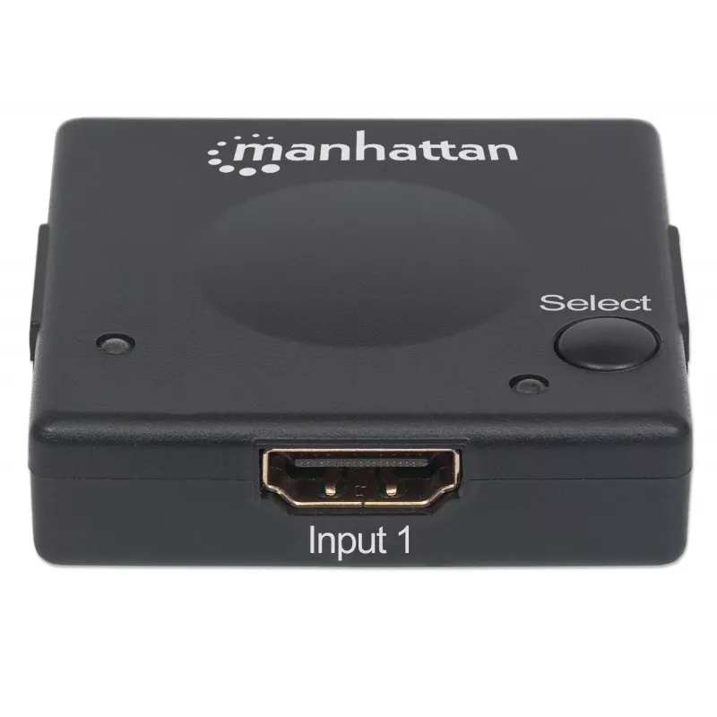 Manhattan HDMI-lüliti 2-pordiline, 1080p, ühendab ×2 HDMI-allikat ×1 ekraaniga, automaatne ja käsitsi lülitus (nupu kaudu), välist toidet pole vaja, must, kolmeaastane garantii