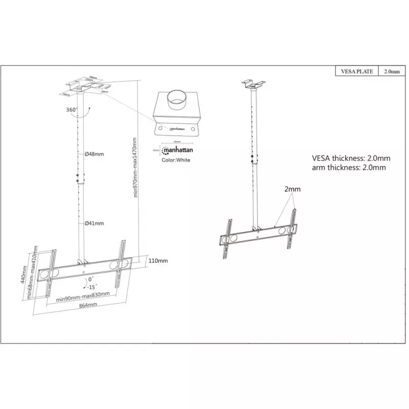 Manhattan Laekinnitus teleritele ja kuvaritele, Ekraanile: 37 inch kuni 75 inch, Reguleeritav kõrgus: 105-156 cm, VESA ühilduvus: kõik 200x200 kuni 800x400 mm vahel - kontrolli nelja kinnitusava mõõtmeid ekraani tagaküljel, et tagada sobivus, Maksimaalselt 50 kg, LFD, Kinnitusklamber