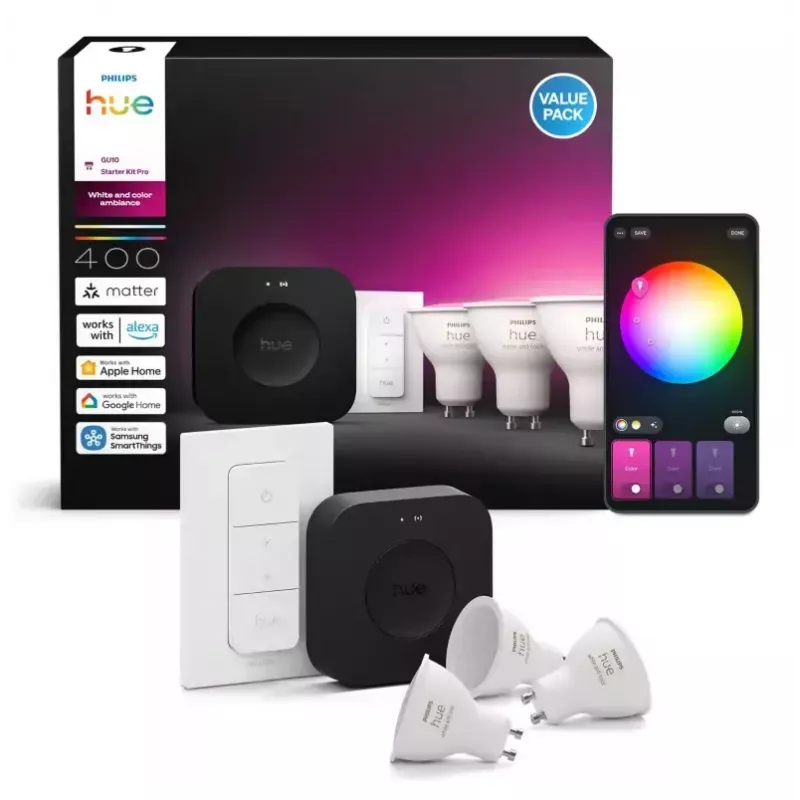 Philips Hue White and colour ambience algkomplekt: 3 GU10 pirni + hämarduslüliti + Bridge Pro