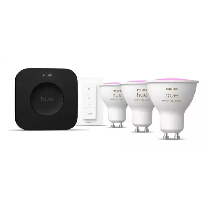 Philips Hue White and colour ambience algkomplekt: 3 GU10 pirni + hämarduslüliti + Bridge Pro
