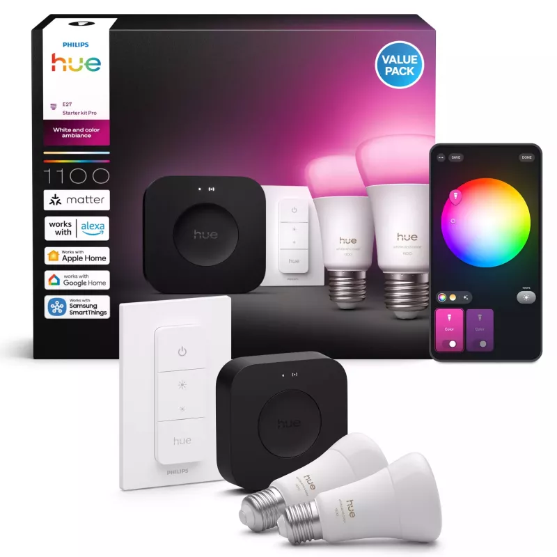 Philips Hue White and colour ambience algkomplekt: 2 E27 nutipirni + hämarduslüliti + Bridge Pro