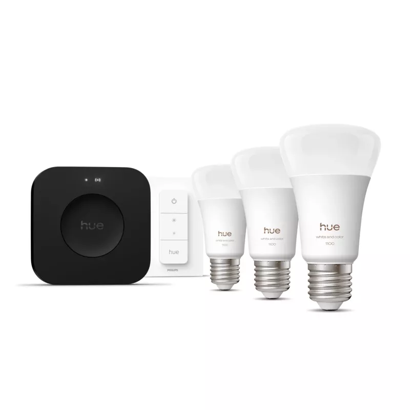 Nutivalgustuse komplekt Philips Hue White and Colour Ambience Starter Kit — 3 E27 nutipirni, hämardi lüliti, Bridge Pro, Bluetooth/Zigbee