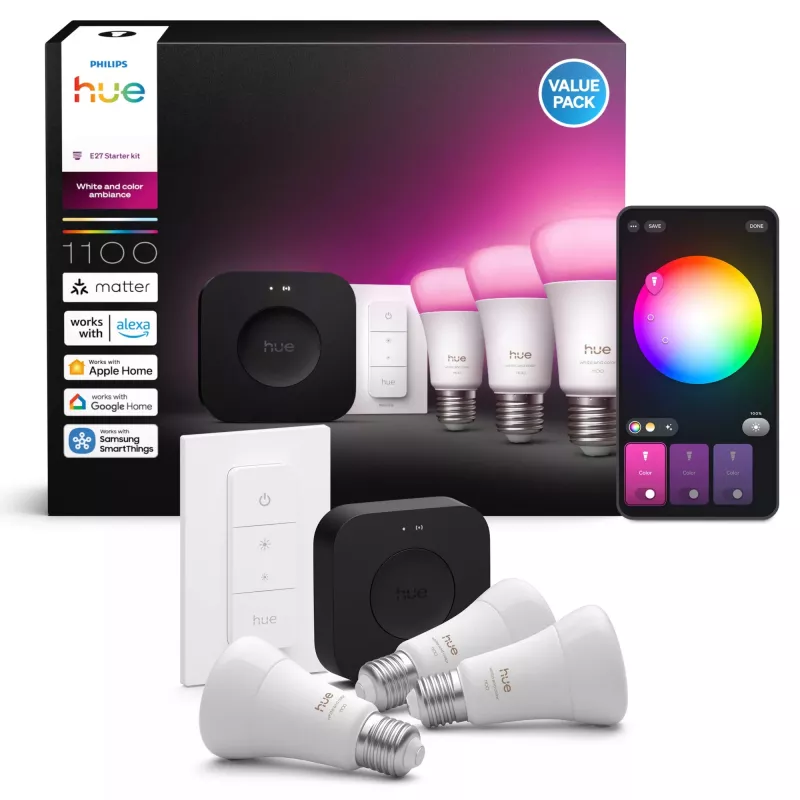 Nutivalgustuse komplekt Philips Hue White and Colour Ambience Starter Kit — 3 E27 nutipirni, hämardi lüliti, Bridge Pro, Bluetooth/Zigbee