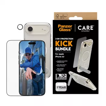 Ekraanikaitsekomplekt PanzerGlass CARE 3-in-1 Feature Kick iPhone Air jaoks — karastatud klaas, PET, silikoon, läbipaistev