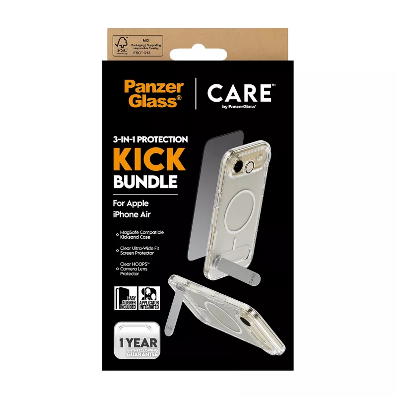 Ekraanikaitsekomplekt PanzerGlass CARE 3-in-1 Feature Kick iPhone Air jaoks — karastatud klaas, PET, silikoon, läbipaistev