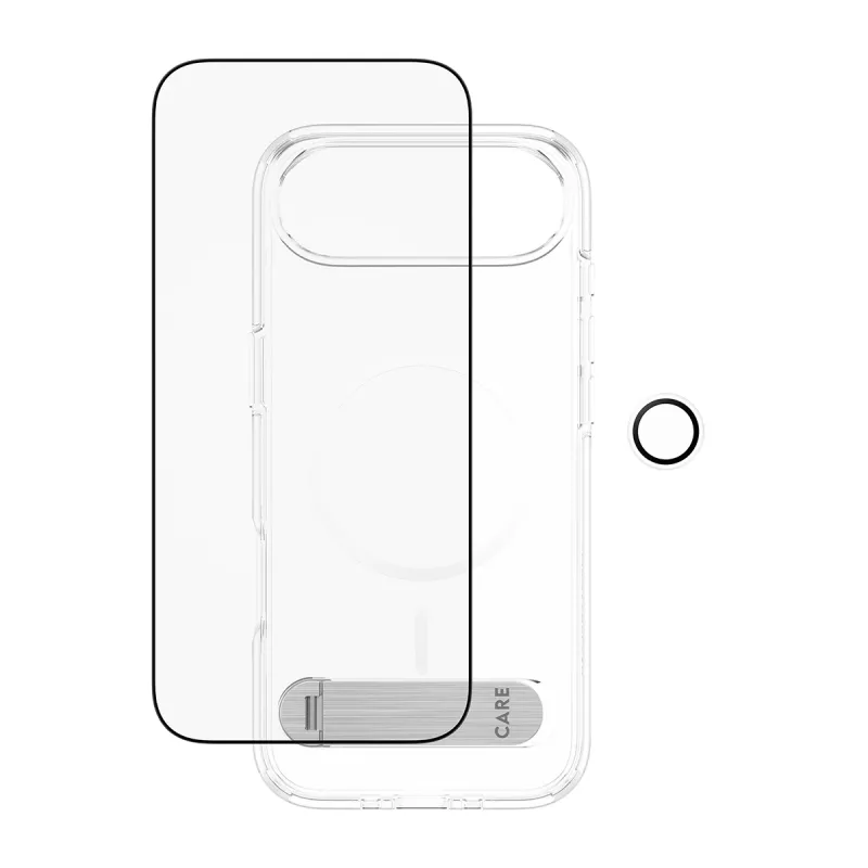 Ekraanikaitsekomplekt PanzerGlass CARE 3-in-1 Feature Kick iPhone Air jaoks — karastatud klaas, PET, silikoon, läbipaistev