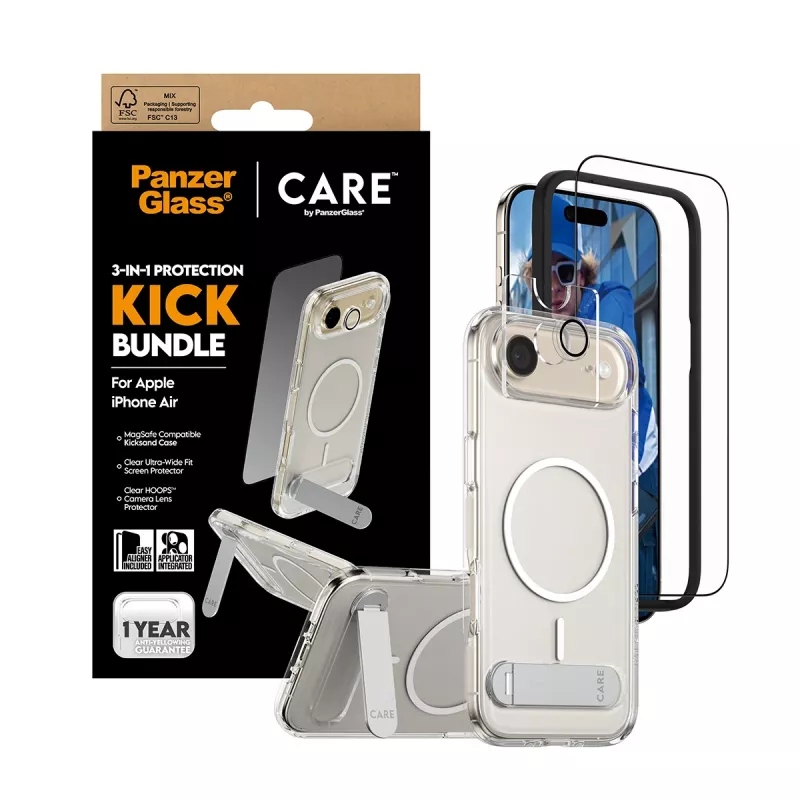 Ekraanikaitsekomplekt PanzerGlass CARE 3-in-1 Feature Kick iPhone Air jaoks — karastatud klaas, PET, silikoon, läbipaistev